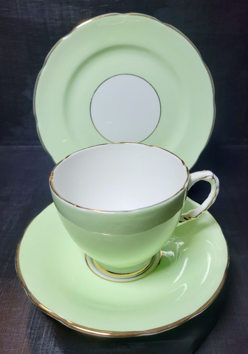 Vintage Art Deco Delphine Bone China Tea Trio – Mint Green & Gold