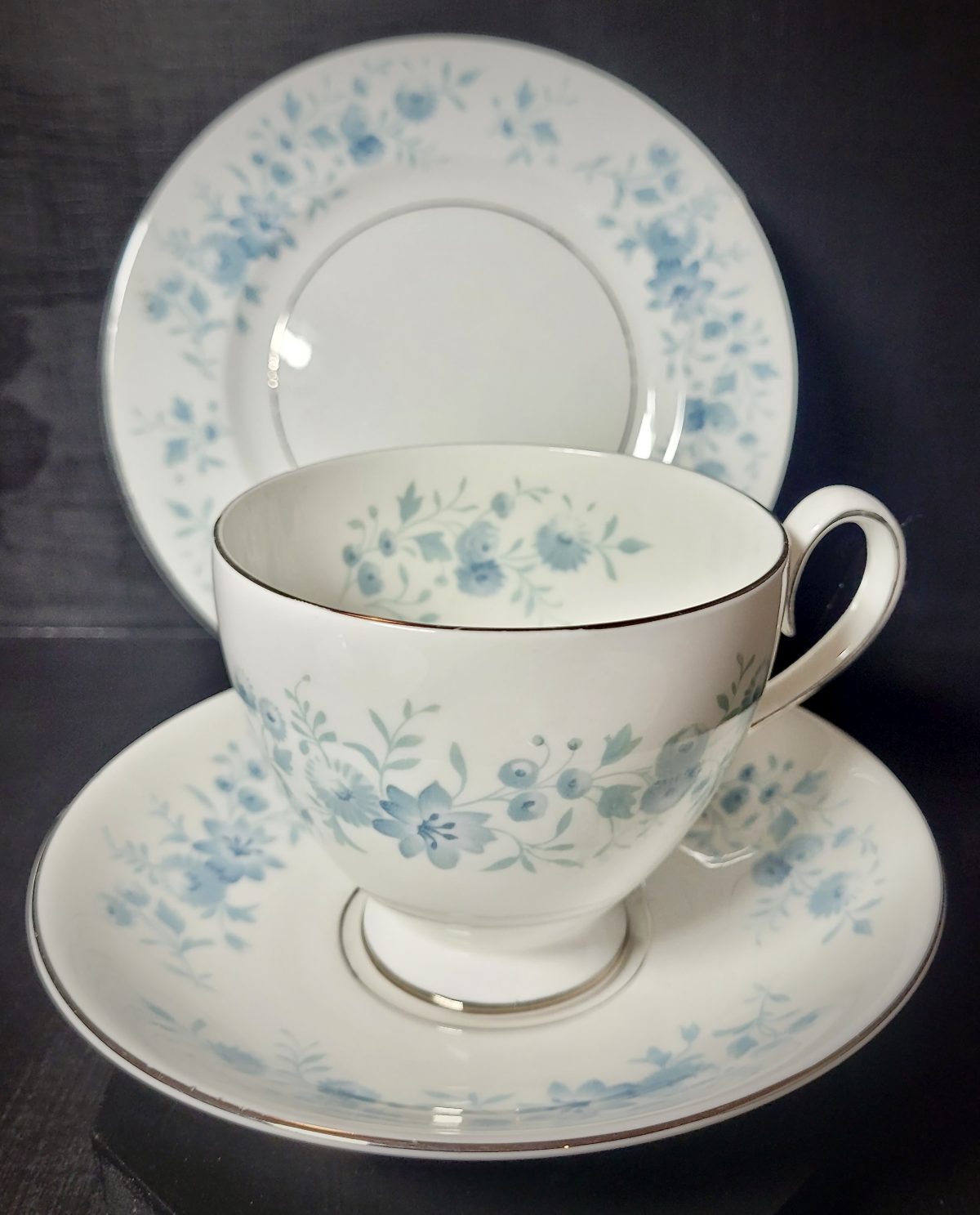 Royal Albert "Blue Flowers" Fine Bone China Tea Trio – Platinum Trim, Made in England (c.1960s)