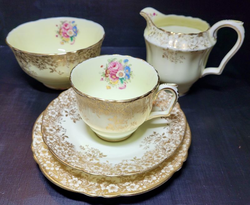 Crown Staffordshire "A14481" Tea Trio with Milk Jug & Sugar Bowl – Ornate Gold & Pastel Yellow (5-Piece Set)