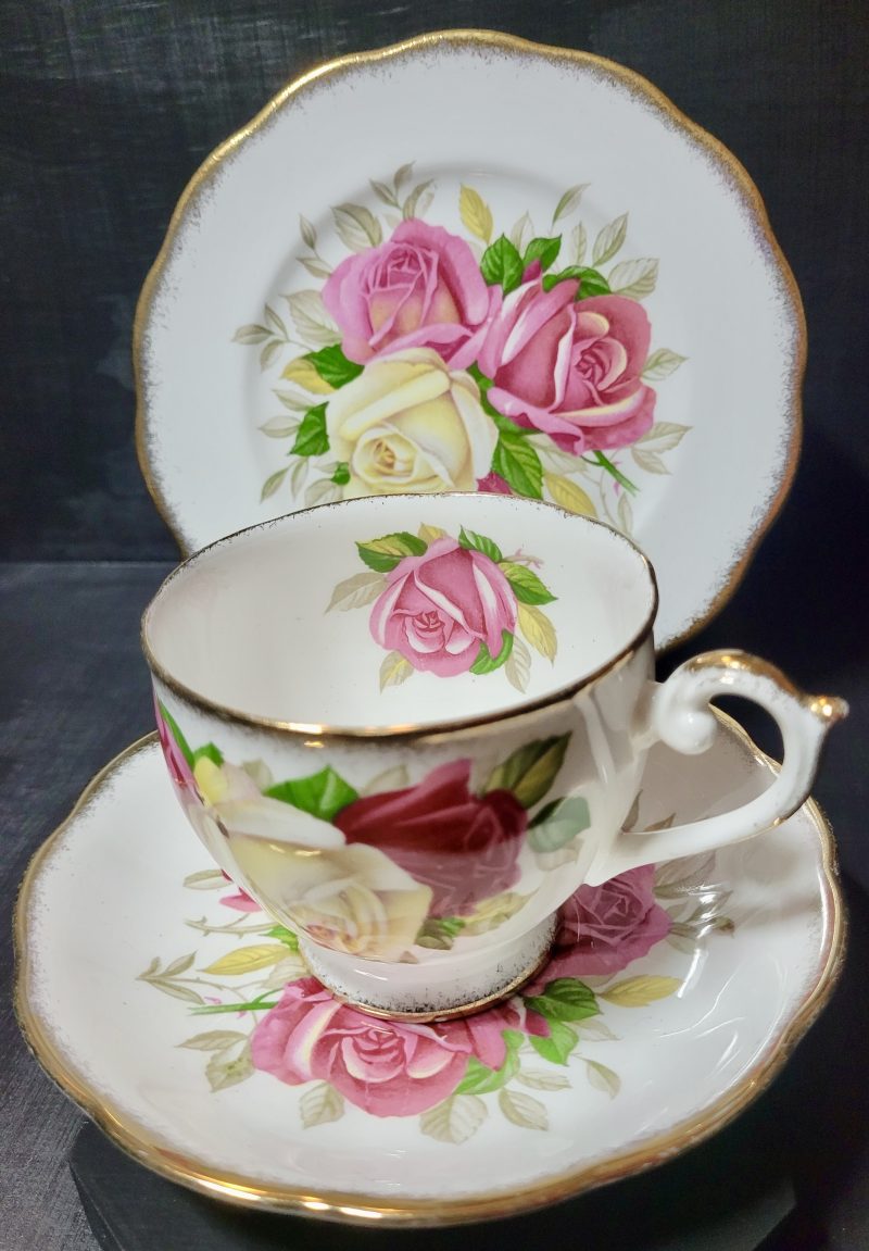 Vintage Queen Anne "Lady Sylvia" Fine Bone China Trio Set .  Made in England (1950s)