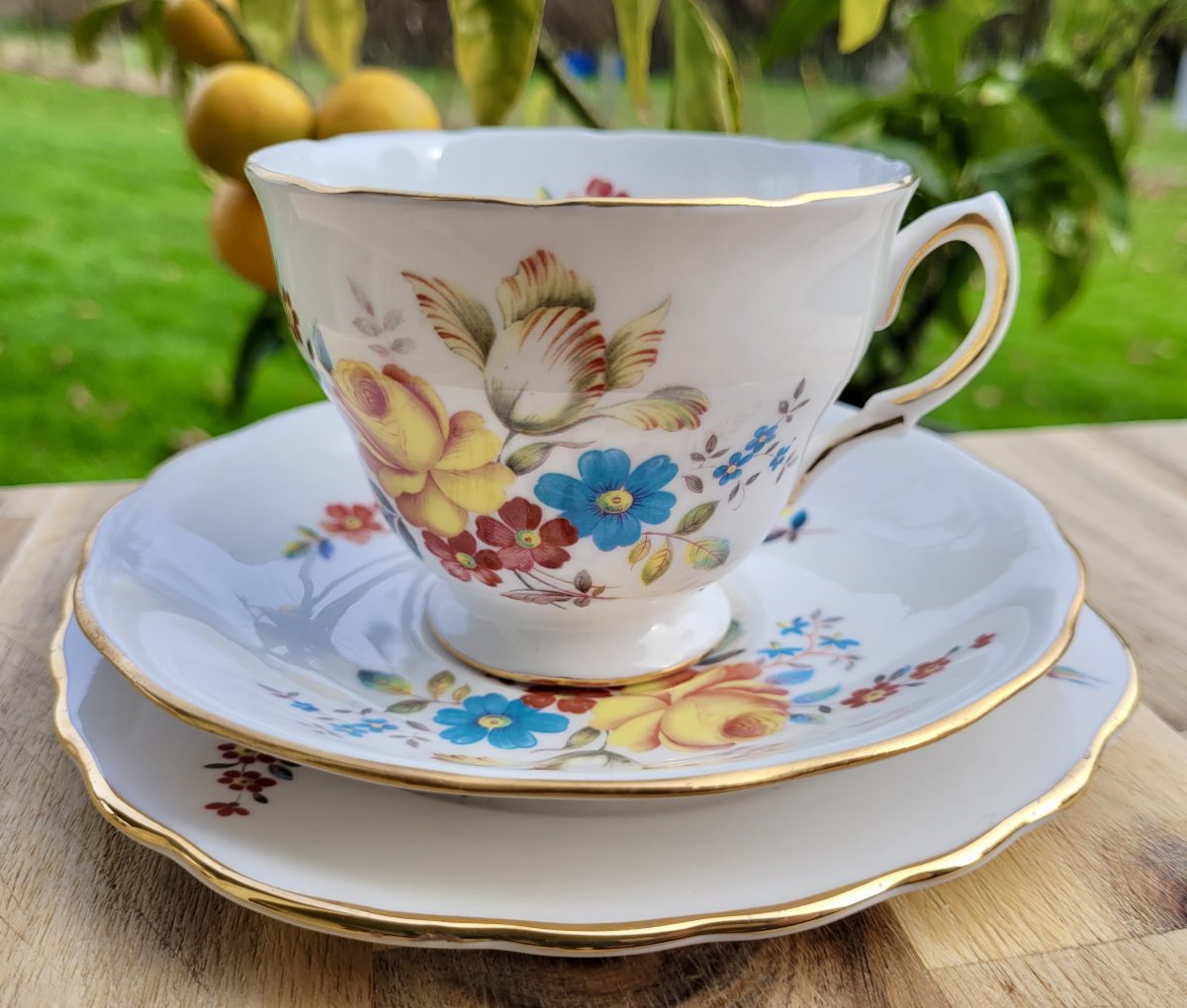 Queen Anne Fine Bone China Tea Trio, pattern no. 8300 – Vibrant Summer Floral Bouquet