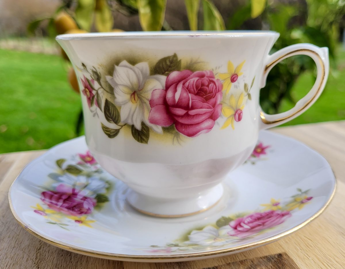 Queen Anne Bone China Teacup & Saucer – Pink Roses & Yellow Flowers, c.1960s