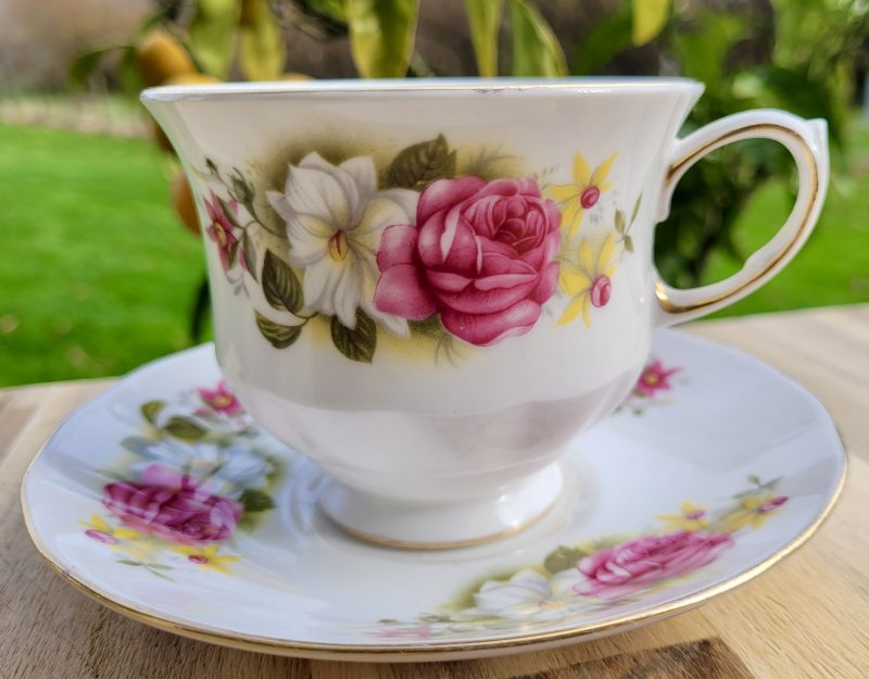 Queen Anne Bone China Teacup & Saucer – Pink Roses & Yellow Flowers, c.1960s